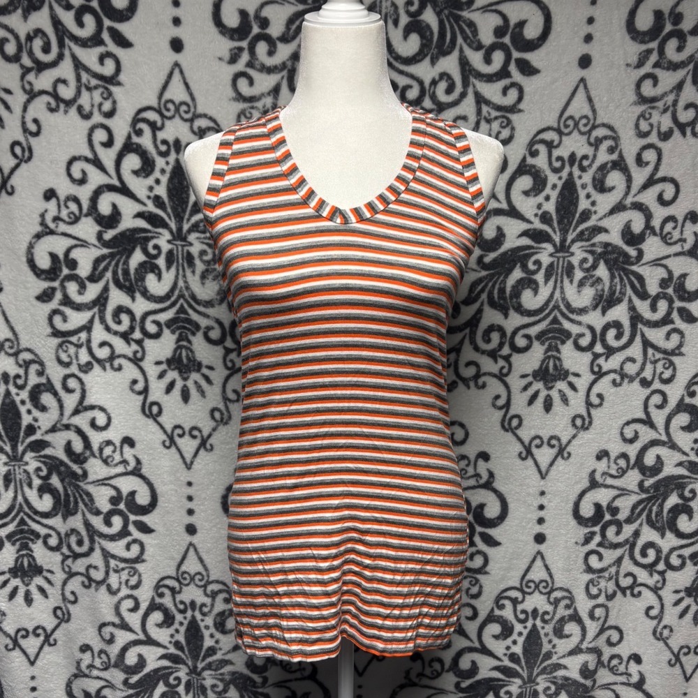 Vtg 90s Double Take Striped Halter V-Neck Top Orange Grey White Womens Medium